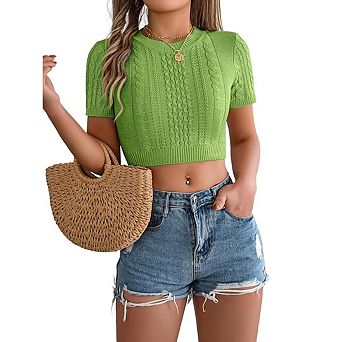 Women's Cable Knit Short Sleeve Slim Fit Round Neck Vacation Cropped Top