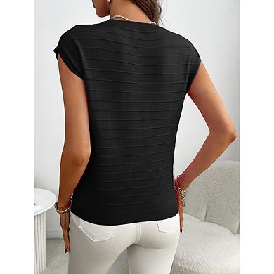 Women's Solid Color V Neck Trendy Top Loose Ribbed Short Sleeve T Shirt