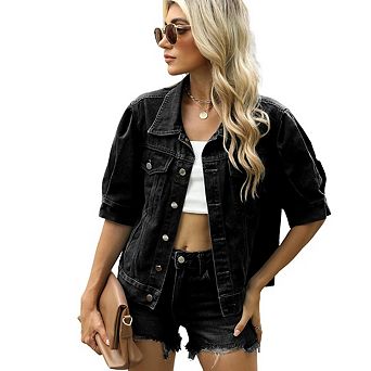 Women's Washed Slimming Loose Collared Button Down Denim Jacket Top