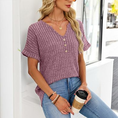 Women's Solid Color V neck Top Loose fitting Business Casual Top