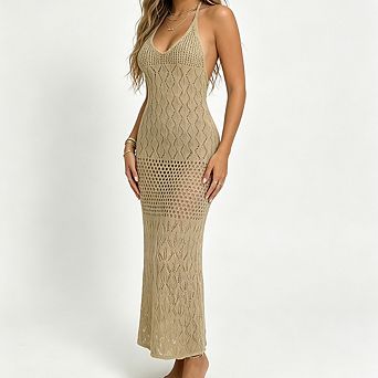 Women's Halter Open Knit Maxi Swim Cover Up Dress Diamond Crochet Sleeveless V Neck