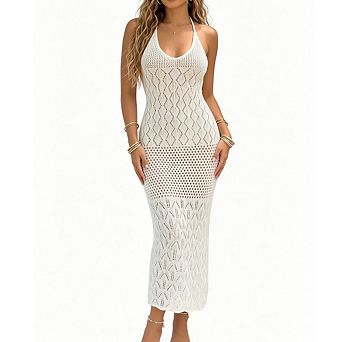 Women's Halter Open Knit Maxi Swim Cover Up Dress Diamond Crochet Sleeveless V Neck