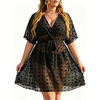 Women's Plus Size Wrap Front Cover Up Dress Swiss Dot Chiffon Short Sleeve Tie Waist Mini
