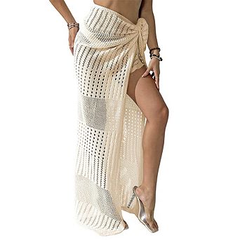 Women's Open Knit Wrap Maxi Beach Cover Up Skirt Vertical Hollow Crochet Tie Waist Sarong
