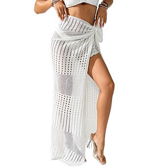 Women's Open Knit Wrap Maxi Beach Cover Up Skirt Vertical Hollow Crochet Tie Waist Sarong