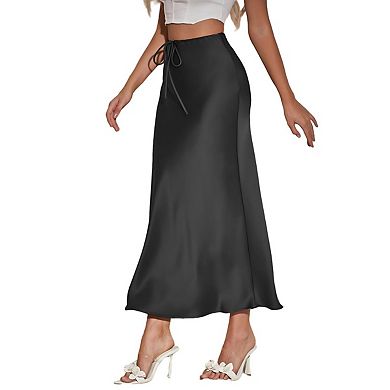 Womens Satin Maxi High Waist Front Drawstring Silk Elegant a Line Long Cocktail Wedding Party Skirts