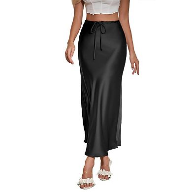 Womens Satin Maxi High Waist Front Drawstring Silk Elegant a Line Long Cocktail Wedding Party Skirts