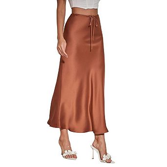 Womens Satin Maxi High Waist Front Drawstring Silk Elegant a Line Long Cocktail Wedding Party Skirts