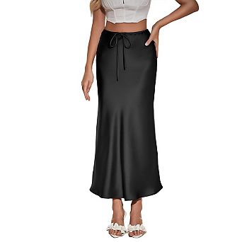 Womens Satin Maxi High Waist Front Drawstring Silk Elegant a Line Long Cocktail Wedding Party Skirts