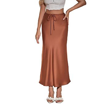 Womens Satin Maxi High Waist Front Drawstring Silk Elegant a Line Long Cocktail Wedding Party Skirts