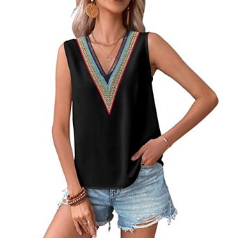 Women's Colorful Lace Trim Tank Top, V Neck Sleeveless Loose Fit Casual Summer Blouse