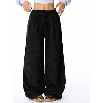 Women's Corduroy Wide Leg Pants, Elastic Drawstring High Waist Loose Casual Trousers