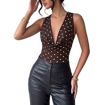 Women's Polka Dot Sleeveless Bodysuit, Deep V Cowl Neck Slim Fit Stretchy Layering Jumpsuit Top