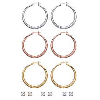 5.88 ct w. Tri-Tone Cubic Zirconia 6-Pair Set of Stud and Hoop Earrings 2"