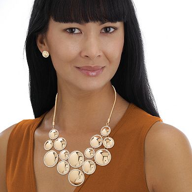 Crystal Goldtone Halo Disc Button Earring and Bib Necklace Set 20"-22.5"