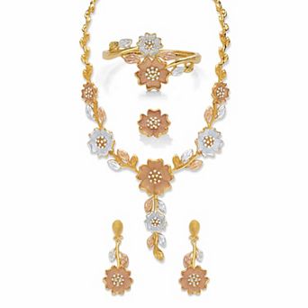Crystal Tri-Tone Goldtone, SIlvertone and Rosetone 4 pc Floral Necklace Set 17"