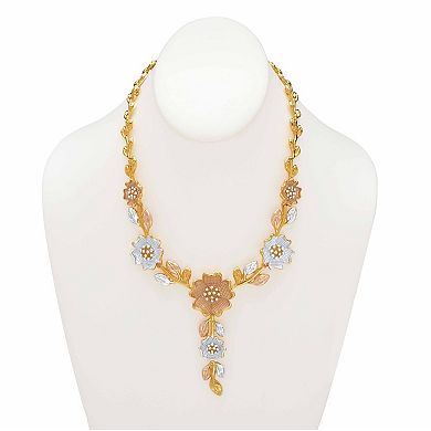 Crystal Tri-Tone Goldtone, SIlvertone and Rosetone 4 Pc Floral Necklace Set 17"