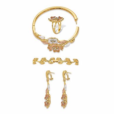 Crystal Tri-Tone Goldtone, SIlvertone and Rosetone 4 Pc Floral Necklace Set 17"