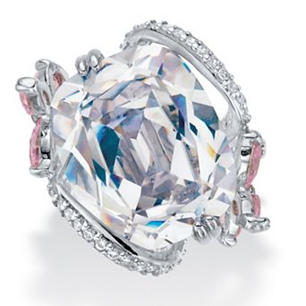 9.80 ct w. Cushion-Cut White and Pink CZ Platinum-Plated Flower Cocktail Ring