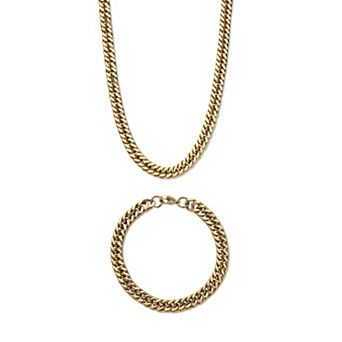 Men's Curb-Link Gold Ion-Plated Stainless Steel Set (8mm) 20" & 9" Lengths