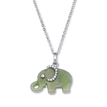 Genuine Green Jade CZ Silvertone Elephant Pendant Necklace, 18 inch Chain
