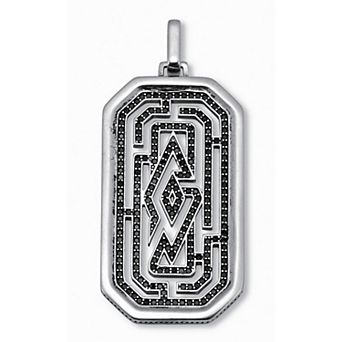 Men's Round Black Crystal Sterling Silver Dog Tag Pendant