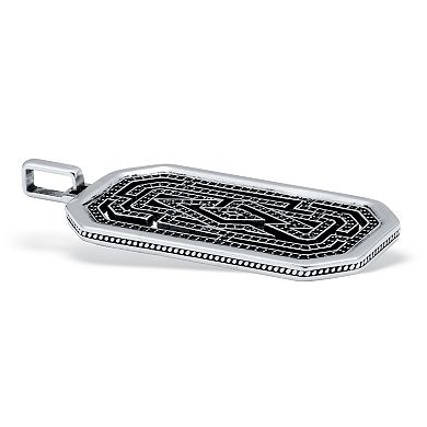 Men's Round Black Crystal Sterling Silver Dog Tag Pendant