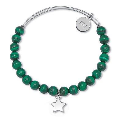 Genuine Green Malachite Silvertone Star Charm Bangle, 7.5 Inches