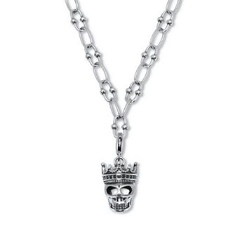 Round Black Crystal Antiqued Silvertone Skull Pendant Necklace 28-inch