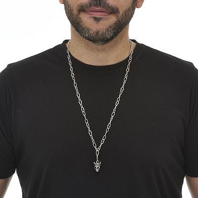 Round Black Crystal Antiqued Silvertone Skull Pendant Necklace 28-inch