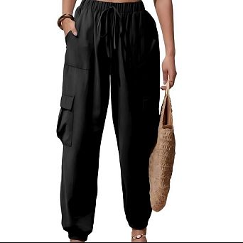 Womens Cotton Linen Joggers Pant Loose Fit High Waisted Drawstring Cargo Pants with Pockets