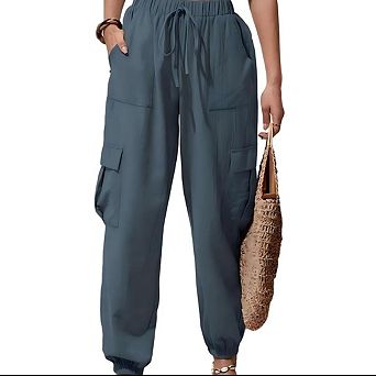 Womens Cotton Linen Joggers Pant Loose Fit High Waisted Drawstring Cargo Pants with Pockets