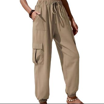 Womens Cotton Linen Joggers Pant Loose Fit High Waisted Drawstring Cargo Pants with Pockets