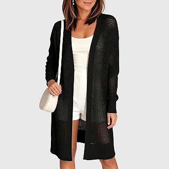 Womens Crochet Lightweight Cardigans Casual Summer Open Front Boho Knit Long Sleeve Kimonos