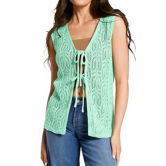Womens Summer Crochet Sweater Vest Beach Vacation Casual Outfits Y2K Cute Tie Front Tops Trendy