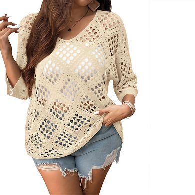 Womens Plus Size Summer Sweater Hollow Out Beach Crochet Cover Ups V Neck 3/4 Sleeve Pullover Shirts