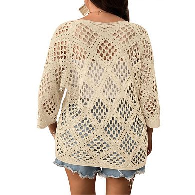 Womens Plus Size Summer Sweater Hollow Out Beach Crochet Cover Ups V Neck 3/4 Sleeve Pullover Shirts