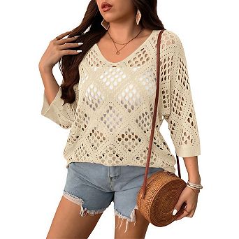 Womens Plus Size Summer Sweater Hollow Out Beach Crochet Cover Ups V Neck 3/4 Sleeve Pullover Shirts