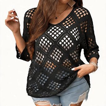 Womens Plus Size Summer Sweater Hollow Out Beach Crochet Cover Ups V Neck 3/4 Sleeve Pullover Shirts