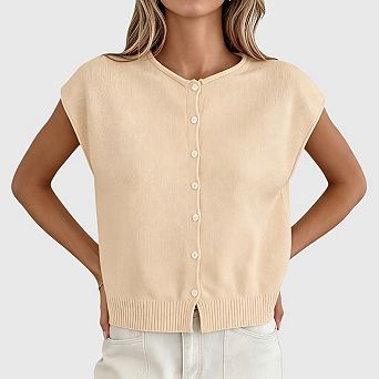 Womens Cap Sleeve Sweater Vest Lightweight Casual Knit Tank Tops Trendy Crew Neck Button Cardigans
