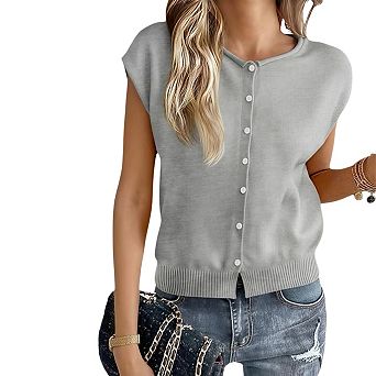 Womens Cap Sleeve Sweater Vest Lightweight Casual Knit Tank Tops Trendy Crew Neck Button Cardigans
