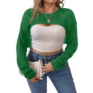 Plus Size Cropped Pullover Sweater for Women Long Sleeve Bolero Shrug Tops