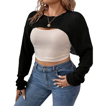 Plus Size Cropped Pullover Sweater for Women Long Sleeve Bolero Shrug Tops