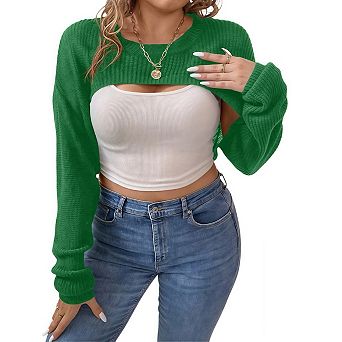 Plus Size Cropped Pullover Sweater for Women Long Sleeve Bolero Shrug Tops