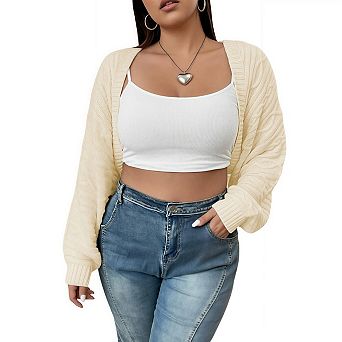 Women's Plus Size Cropped Shrug Sweater Open Front Long Sleeve Cardigan Knit Tops