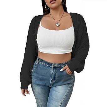 Women's Plus Size Cropped Shrug Sweater Open Front Long Sleeve Cardigan Knit Tops