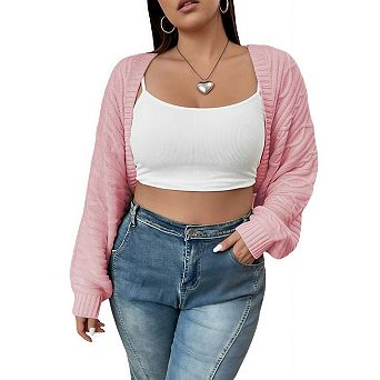 Women's Plus Size Cropped Shrug Sweater Open Front Long Sleeve Cardigan Knit Tops