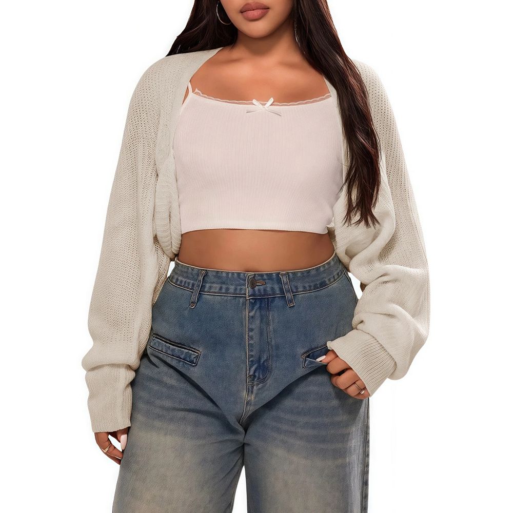Women's Plus Size Crochet Shrug Sweater Open Front Long Sleeve