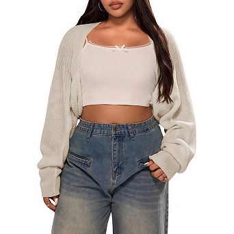 Women's Plus Size Crochet Shrug Sweater Open Front Long Sleeve Cropped Cardigan Knit Tops