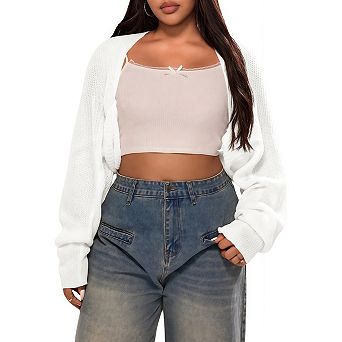 Women's Plus Size Crochet Shrug Sweater Open Front Long Sleeve Cropped Cardigan Knit Tops